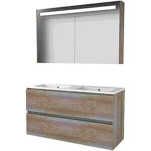 Basic Line Basic-Line Premium 46 Badkamermeubelset - 120 x 46 cm - Greeploos - 2 Lades - Keramische Wastafel - 2 Kraangaten - Spiegelkast met LED Verlichting - Scotch Oak Basic Line Basic-Line Premium 46 Badkamermeubelset - 120 x 46 cm - Greeploos - 2 Lades - Keramische Wastafel - 2 Kraangaten - Spiegelkast met LED Verlichting - Scotch Oak