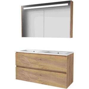 Basic Line Basic-Line Premium 46 Badkamermeubelset - 120 x 46 cm - Greeploos - 2 Lades - Keramische Wastafel - 2 Kraangaten - Spiegelkast met LED Verlichting - Whisky Oak Basic Line Basic-Line Premium 46 Badkamermeubelset - 120 x 46 cm - Greeploos - 2 Lades - Keramische Wastafel - 2 Kraangaten - Spiegelkast met LED Verlichting - Whisky Oak