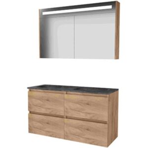 Basic Line Basic-Line Premium 46 Badkamermeubelset - 120 x 46 cm - Greeploos - 4 Lades - Hardstenen Wastafel - 2 Kraangaten - Spiegelkast met LED Verlichting - Whisky Oak Basic Line Basic-Line Premium 46 Badkamermeubelset - 120 x 46 cm - Greeploos - 4 Lades - Hardstenen Wastafel - 2 Kraangaten - Spiegelkast met LED Verlichting - Whisky Oak