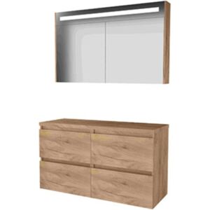 Basic Line Basic-Line Premium 46 Badkamermeubelset - 120 x 46 cm - Greeploos - 4 Lades - Wastafelblad - Spiegelkast met LED Verlichting - Whisky Oak Basic Line Basic-Line Premium 46 Badkamermeubelset - 120 x 46 cm - Greeploos - 4 Lades - Wastafelblad - Spiegelkast met LED Verlichting - Whisky Oak