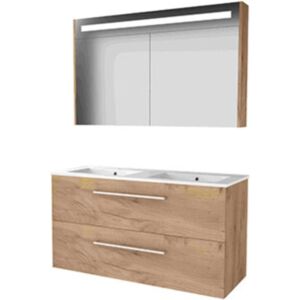 Basic Line Basic-Line Premium 46 Badkamermeubelset - 120 x 46 cm - Met Grepen - 2 Lades - Keramische Wastafel - 2 Kraangaten - Spiegelkast met LED Verlichting - Whisky Oak Basic Line Basic-Line Premium 46 Badkamermeubelset - 120 x 46 cm - Met Grepen - 2 Lades - Keramische Wastafel - 2 Kraangaten - Spiegelkast met LED Verlichting - Whisky Oak