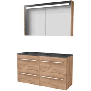 Basic Line Basic-Line Premium 46 Badkamermeubelset - 120 x 46 cm - Met Grepen - 4 Lades - Hardstenen Wastafel - 2 Kraangaten - Spiegelkast met LED Verlichting - Whisky Oak Basic Line Basic-Line Premium 46 Badkamermeubelset - 120 x 46 cm - Met Grepen - 4 Lades - Hardstenen Wastafel - 2 Kraangaten - Spiegelkast met LED Verlichting - Whisky Oak