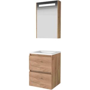 Basic Line Basic-Line Premium 46 Badkamermeubelset - 50 x 46 cm - Greeploos - 2 Lades - Acryl Wastafel - Zonder Kraangat - Spiegelkast met LED Verlichting - Whisky Oak Basic Line Basic-Line Premium 46 Badkamermeubelset - 50 x 46 cm - Greeploos - 2 Lades - Acryl Wastafel - Zonder Kraangat - Spiegelkast met LED Verlichting - Whisky Oak