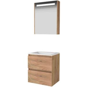Basic Line Basic-Line Premium 46 Badkamermeubelset - 60 x 46 cm - Greeploos - 2 Lades - Acryl Wastafel - Zonder Kraangat - Spiegelkast met LED Verlichting - Whisky Oak Basic Line Basic-Line Premium 46 Badkamermeubelset - 60 x 46 cm - Greeploos - 2 Lades - Acryl Wastafel - Zonder Kraangat - Spiegelkast met LED Verlichting - Whisky Oak