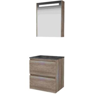 Basic Line Basic-Line Premium 46 Badkamermeubelset - 60 x 46 cm - Greeploos - 2 Lades - Hardstenen Wastafel - Zonder Kraangat - Spiegelkast met LED Verlichting - Scotch Oak Basic Line Basic-Line Premium 46 Badkamermeubelset - 60 x 46 cm - Greeploos - 2 Lades - Hardstenen Wastafel - Zonder Kraangat - Spiegelkast met LED Verlichting - Scotch Oak