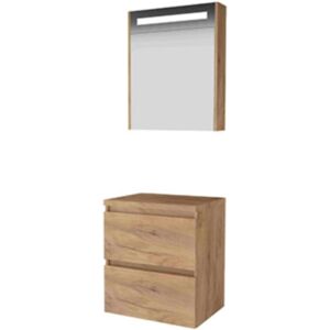 Basic Line Basic-Line Premium 46 Badkamermeubelset - 60 x 46 cm - Greeploos - 2 Lades - Wastafelblad - Spiegelkast met LED Verlichting - Whisky Oak Basic Line Basic-Line Premium 46 Badkamermeubelset - 60 x 46 cm - Greeploos - 2 Lades - Wastafelblad - Spiegelkast met LED Verlichting - Whisky Oak