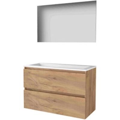 Basic Line Basic-Line Basic 46 Badkamermeubelset - 100 x 46 cm - Greeploos - 2 Lades - Acryl Wastafel - Zonder Kraangat - Spiegel - Whisky Oak Basic Line Basic-Line Basic 46 Badkamermeubelset - 100 x 46 cm - Greeploos - 2 Lades - Acryl Wastafel - Zonder Kraangat - Spiegel - Whisky Oak