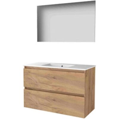 Basic Line Basic-Line Basic 46 Badkamermeubelset - 100 x 46 cm - Greeploos - 2 Lades - Keramische Wastafel - 1 Kraangat - Spiegel - Whisky Oak Basic Line Basic-Line Basic 46 Badkamermeubelset - 100 x 46 cm - Greeploos - 2 Lades - Keramische Wastafel - 1 Kraangat - Spiegel - Whisky Oak