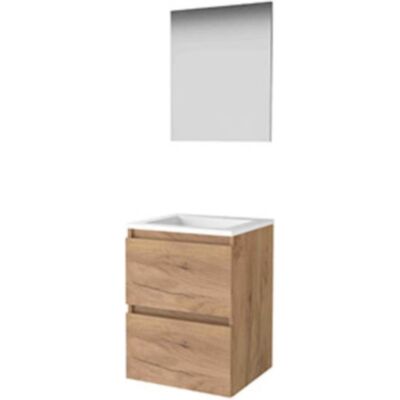 Basic Line Basic-Line Basic 46 Badkamermeubelset - 50 x 46 cm - Greeploos - 2 Lades - Acryl Wastafel - Zonder Kraangat - Spiegel - Whisky Oak Basic Line Basic-Line Basic 46 Badkamermeubelset - 50 x 46 cm - Greeploos - 2 Lades - Acryl Wastafel - Zonder Kraangat - Spiegel - Whisky Oak