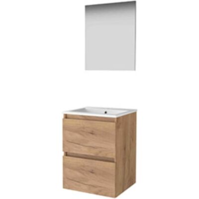 Basic Line Basic-Line Basic 46 Badkamermeubelset - 50 x 46 cm - Greeploos - 2 Lades - Keramische Wastafel - 1 Kraangat - Spiegel - Whisky Oak Basic Line Basic-Line Basic 46 Badkamermeubelset - 50 x 46 cm - Greeploos - 2 Lades - Keramische Wastafel - 1 Kraangat - Spiegel - Whisky Oak