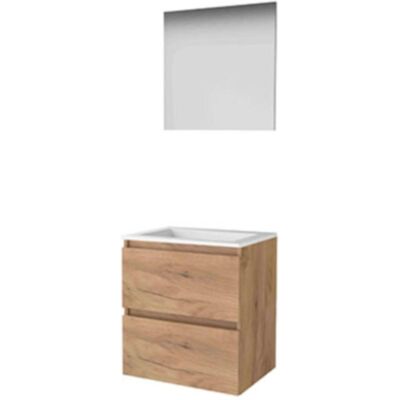 Basic Line Basic-Line Basic 46 Badkamermeubelset - 60 x 46 cm - Greeploos - 2 Lades - Acryl Wastafel - Zonder Kraangat - Spiegel - Whisky Oak Basic Line Basic-Line Basic 46 Badkamermeubelset - 60 x 46 cm - Greeploos - 2 Lades - Acryl Wastafel - Zonder Kraangat - Spiegel - Whisky Oak