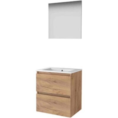 Basic Line Basic-Line Basic 46 Badkamermeubelset - 60 x 46 cm - Greeploos - 2 Lades - Keramische Wastafel - 1 Kraangat - Spiegel - Whisky Oak Basic Line Basic-Line Basic 46 Badkamermeubelset - 60 x 46 cm - Greeploos - 2 Lades - Keramische Wastafel - 1 Kraangat - Spiegel - Whisky Oak