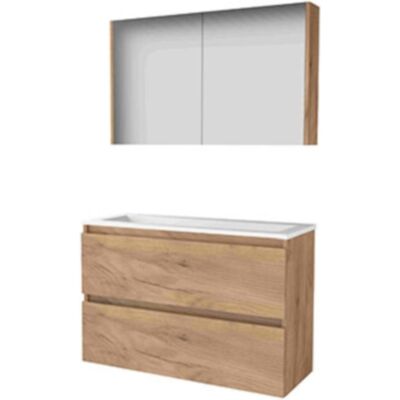 Basic Line Basic-Line Comfort 39 Badkamermeubelset - Ondiep - 100 x 39 cm - Greeploos - 2 Lades - Acryl Wastafel - Zonder Kraangat - Spiegelkast - Whisky Oak Basic Line Basic-Line Comfort 39 Badkamermeubelset - Ondiep - 100 x 39 cm - Greeploos - 2 Lades - Acryl Wastafel - Zonder Kraangat - Spiegelkast - Whisky Oak