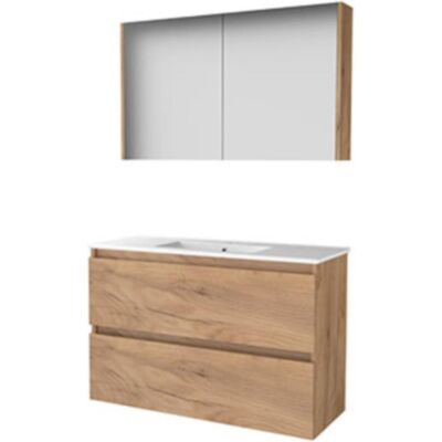 Basic Line Basic-Line Comfort 39 Badkamermeubelset - Ondiep - 100 x 39 cm - Greeploos - 2 Lades - Keramische Wastafel - 1 Kraangat - Spiegelkast - Whisky Oak Basic Line Basic-Line Comfort 39 Badkamermeubelset - Ondiep - 100 x 39 cm - Greeploos - 2 Lades - Keramische Wastafel - 1 Kraangat - Spiegelkast - Whisky Oak