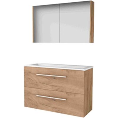 Basic Line Basic-Line Comfort 39 Badkamermeubelset - Ondiep - 100 x 39 cm - Met Grepen - 2 Lades - Acryl Wastafel - 2 Kraangaten - Spiegelkast - Whisky Oak Basic Line Basic-Line Comfort 39 Badkamermeubelset - Ondiep - 100 x 39 cm - Met Grepen - 2 Lades - Acryl Wastafel - 2 Kraangaten - Spiegelkast - Whisky Oak