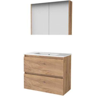 Basic Line Basic-Line Comfort 39 Badkamermeubelset - Ondiep - 80 x 39 cm - Greeploos - 2 Lades - Keramische Wastafel - 1 Kraangat - Spiegelkast - Whisky Oak Basic Line Basic-Line Comfort 39 Badkamermeubelset - Ondiep - 80 x 39 cm - Greeploos - 2 Lades - Keramische Wastafel - 1 Kraangat - Spiegelkast - Whisky Oak