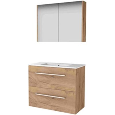 Basic Line Basic-Line Comfort 39 Badkamermeubelset - Ondiep - 80 x 39 cm - Met Grepen - 2 Lades - Keramische Wastafel - 1 Kraangat - Spiegelkast - Whisky Oak Basic Line Basic-Line Comfort 39 Badkamermeubelset - Ondiep - 80 x 39 cm - Met Grepen - 2 Lades - Keramische Wastafel - 1 Kraangat - Spiegelkast - Whisky Oak