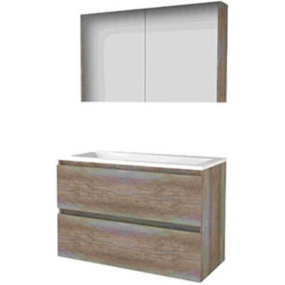 Basic Line Basic-Line Comfort 46 Badkamermeubelset - 100 x 46 cm - Greeploos - 2 Lades - Acryl Wastafel - 2 Kraangaten - Spiegelkast - Scotch Oak Basic Line Basic-Line Comfort 46 Badkamermeubelset - 100 x 46 cm - Greeploos - 2 Lades - Acryl Wastafel - 2 Kraangaten - Spiegelkast - Scotch Oak