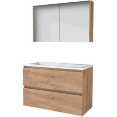Basic Line Basic-Line Comfort 46 Badkamermeubelset - 100 x 46 cm - Greeploos - 2 Lades - Acryl Wastafel - Zonder Kraangat - Spiegelkast - Whisky Oak Basic Line Basic-Line Comfort 46 Badkamermeubelset - 100 x 46 cm - Greeploos - 2 Lades - Acryl Wastafel - Zonder Kraangat - Spiegelkast - Whisky Oak
