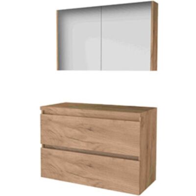 Basic Line Basic-Line Comfort 46 Badkamermeubelset - 100 x 46 cm - Greeploos - 2 Lades - Wastafelblad - Spiegelkast - Whisky Oak Basic Line Basic-Line Comfort 46 Badkamermeubelset - 100 x 46 cm - Greeploos - 2 Lades - Wastafelblad - Spiegelkast - Whisky Oak