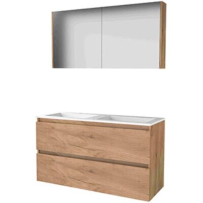 Basic Line Basic-Line Comfort 46 Badkamermeubelset - 120 x 46 cm - Greeploos - 2 Lades - Acryl Wastafel - 2 Kraangaten - Spiegelkast - Whisky Oak Basic Line Basic-Line Comfort 46 Badkamermeubelset - 120 x 46 cm - Greeploos - 2 Lades - Acryl Wastafel - 2 Kraangaten - Spiegelkast - Whisky Oak