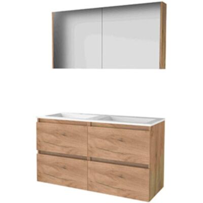 Basic Line Basic-Line Comfort 46 Badkamermeubelset - 120 x 46 cm - Greeploos - 4 Lades - Acryl Wastafel - 2 Kraangaten - Spiegelkast - Whisky Oak Basic Line Basic-Line Comfort 46 Badkamermeubelset - 120 x 46 cm - Greeploos - 4 Lades - Acryl Wastafel - 2 Kraangaten - Spiegelkast - Whisky Oak
