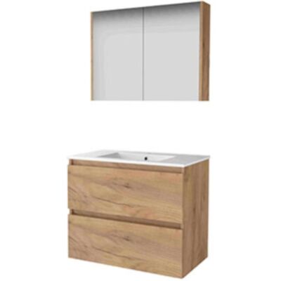 Basic Line Basic-Line Comfort 46 Badkamermeubelset - 80 x 46 cm - Greeploos - 2 Lades - Keramische Wastafel - 1 Kraangat - Spiegelkast - Whisky Oak Basic Line Basic-Line Comfort 46 Badkamermeubelset - 80 x 46 cm - Greeploos - 2 Lades - Keramische Wastafel - 1 Kraangat - Spiegelkast - Whisky Oak