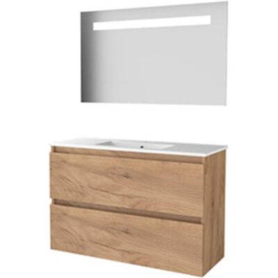 Basic Line Basic-Line Economic 39 Badkamermeubelset - Ondiep - 100 x 39 cm - Greeploos - 2 Lades - Keramische Wastafel - 1 Kraangat - Spiegel met LED Verlichting - Whisky Oak Basic Line Basic-Line Economic 39 Badkamermeubelset - Ondiep - 100 x 39 cm - Greeploos - 2 Lades - Keramische Wastafel - 1 Kraangat - Spiegel met LED Verlichting - Whisky Oak