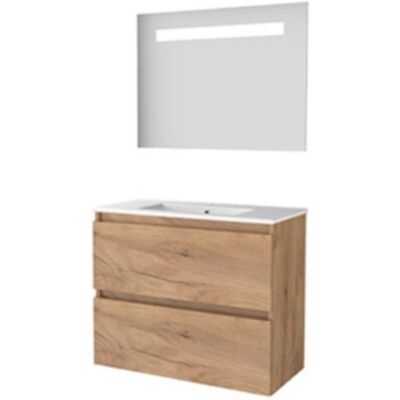 Basic Line Basic-Line Economic 39 Badkamermeubelset - Ondiep - 80 x 39 cm - Greeploos - 2 Lades - Keramische Wastafel - 1 Kraangat - Spiegel met LED Verlichting - Whisky Oak Basic Line Basic-Line Economic 39 Badkamermeubelset - Ondiep - 80 x 39 cm - Greeploos - 2 Lades - Keramische Wastafel - 1 Kraangat - Spiegel met LED Verlichting - Whisky Oak