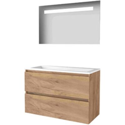 Basic Line Basic-Line Economic 46 Badkamermeubelset - 100 x 46 cm - Greeploos - 2 Lades - Acryl Wastafel - 1 Kraangat - Spiegel met LED Verlichting - Whisky Oak Basic Line Basic-Line Economic 46 Badkamermeubelset - 100 x 46 cm - Greeploos - 2 Lades - Acryl Wastafel - 1 Kraangat - Spiegel met LED Verlichting - Whisky Oak