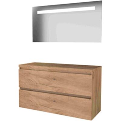 Basic Line Basic-Line Economic 46 Badkamermeubelset - 120 x 46 cm - Greeploos - 2 Lades - Wastafelblad - Spiegel met LED Verlichting - Whisky Oak Basic Line Basic-Line Economic 46 Badkamermeubelset - 120 x 46 cm - Greeploos - 2 Lades - Wastafelblad - Spiegel met LED Verlichting - Whisky Oak