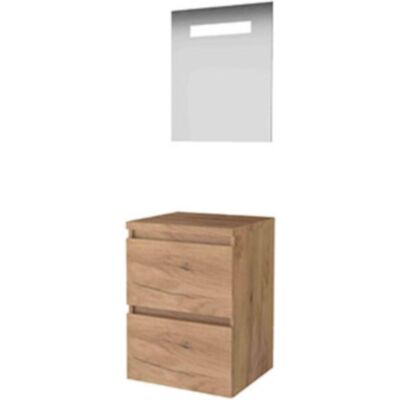 Basic Line Basic-Line Economic 46 Badkamermeubelset - 50 x 46 cm - Greeploos - 2 Lades - Wastafelblad - Spiegel met LED Verlichting - Whisky Oak Basic Line Basic-Line Economic 46 Badkamermeubelset - 50 x 46 cm - Greeploos - 2 Lades - Wastafelblad - Spiegel met LED Verlichting - Whisky Oak