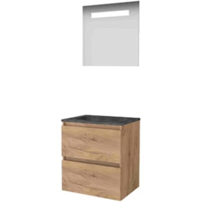 Basic Line Basic-Line Economic 46 Badkamermeubelset - 60 x 46 cm - Greeploos - 2 Lades - Hardstenen Wastafel - 1 Kraangat - Spiegel met LED Verlichting - Whisky Oak Basic Line Basic-Line Economic 46 Badkamermeubelset - 60 x 46 cm - Greeploos - 2 Lades - Hardstenen Wastafel - 1 Kraangat - Spiegel met LED Verlichting - Whisky Oak
