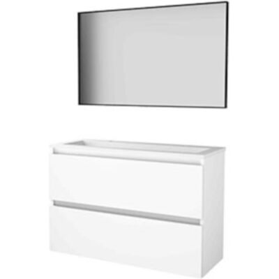 Basic Line Basic-Line Framed 39 Badkamermeubelset - Ondiep - 100 x 39 cm - Greeploos - 2 Lades - Acryl Wastafel - 2 Kraangaten - Spiegel met Zwart Aluminium Frame - Ice White Basic Line Basic-Line Framed 39 Badkamermeubelset - Ondiep - 100 x 39 cm - Greeploos - 2 Lades - Acryl Wastafel - 2 Kraangaten - Spiegel met Zwart Aluminium Frame - Ice White