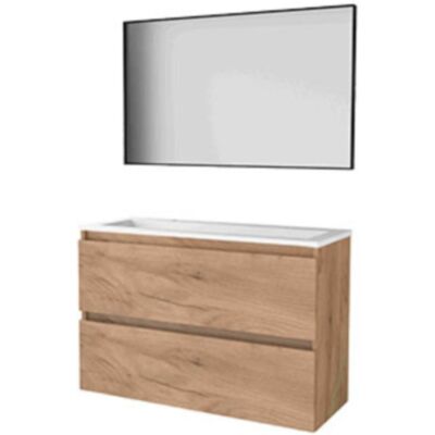 Basic Line Basic-Line Framed 39 Badkamermeubelset - Ondiep - 100 x 39 cm - Greeploos - 2 Lades - Acryl Wastafel - 2 Kraangaten - Spiegel met Zwart Aluminium Frame - Whisky Oak Basic Line Basic-Line Framed 39 Badkamermeubelset - Ondiep - 100 x 39 cm - Greeploos - 2 Lades - Acryl Wastafel - 2 Kraangaten - Spiegel met Zwart Aluminium Frame - Whisky Oak