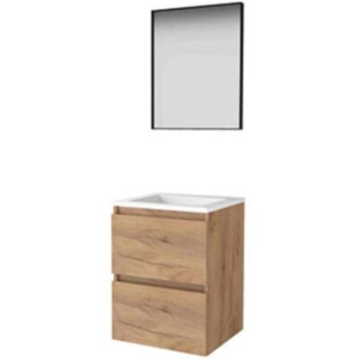 Basic Line Basic-Line Framed 46 Badkamermeubelset - 50 x 46 cm - Greeploos - 2 Lades - Acryl Wastafel - Zonder Kraangat - Spiegel met Zwart Aluminium Frame - Whisky Oak Basic Line Basic-Line Framed 46 Badkamermeubelset - 50 x 46 cm - Greeploos - 2 Lades - Acryl Wastafel - Zonder Kraangat - Spiegel met Zwart Aluminium Frame - Whisky Oak