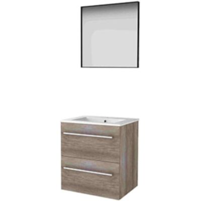 Basic Line Basic-Line Framed 46 Badkamermeubelset - 60 x 46 cm - Met Grepen - 2 Lades - Keramische Wastafel - 1 Kraangat - Spiegel met Zwart Aluminium Frame - Scotch Oak Basic Line Basic-Line Framed 46 Badkamermeubelset - 60 x 46 cm - Met Grepen - 2 Lades - Keramische Wastafel - 1 Kraangat - Spiegel met Zwart Aluminium Frame - Scotch Oak