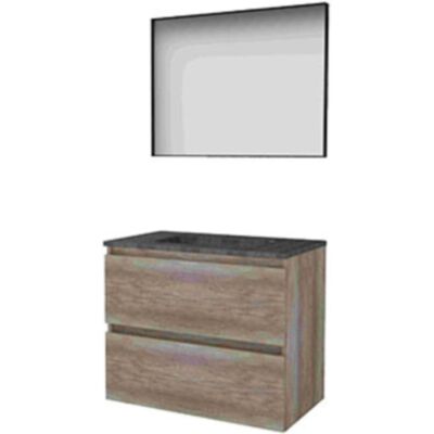 Basic Line Basic-Line Framed 46 Badkamermeubelset - 80 x 46 cm - Greeploos - 2 Lades - Hardstenen Wastafel - 1 Kraangat - Spiegel met Zwart Aluminium Frame - Scotch Oak Basic Line Basic-Line Framed 46 Badkamermeubelset - 80 x 46 cm - Greeploos - 2 Lades - Hardstenen Wastafel - 1 Kraangat - Spiegel met Zwart Aluminium Frame - Scotch Oak