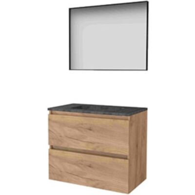 Basic Line Basic-Line Framed 46 Badkamermeubelset - 80 x 46 cm - Greeploos - 2 Lades - Hardstenen Wastafel - 1 Kraangat - Spiegel met Zwart Aluminium Frame - Whisky Oak Basic Line Basic-Line Framed 46 Badkamermeubelset - 80 x 46 cm - Greeploos - 2 Lades - Hardstenen Wastafel - 1 Kraangat - Spiegel met Zwart Aluminium Frame - Whisky Oak