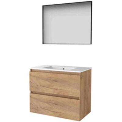Basic Line Basic-Line Framed 46 Badkamermeubelset - 80 x 46 cm - Greeploos - 2 Lades - Keramische Wastafel - 1 Kraangat - Spiegel met Zwart Aluminium Frame - Whisky Oak Basic Line Basic-Line Framed 46 Badkamermeubelset - 80 x 46 cm - Greeploos - 2 Lades - Keramische Wastafel - 1 Kraangat - Spiegel met Zwart Aluminium Frame - Whisky Oak