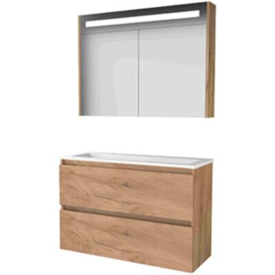 Basic Line Basic-Line Premium 39 Badkamermeubelset - Ondiep - 100 x 39 cm - Greeploos - 2 Lades - Acryl Wastafel - 2 Kraangaten - Spiegelkast met LED Verlichting - Whisky Oak Basic Line Basic-Line Premium 39 Badkamermeubelset - Ondiep - 100 x 39 cm - Greeploos - 2 Lades - Acryl Wastafel - 2 Kraangaten - Spiegelkast met LED Verlichting - Whisky Oak