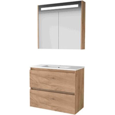 Basic Line Basic-Line Premium 39 Badkamermeubelset - Ondiep - 80 x 39 cm - Greeploos - 2 Lades - Keramische Wastafel - 1 Kraangat - Spiegelkast met LED Verlichting - Whisky Oak Basic Line Basic-Line Premium 39 Badkamermeubelset - Ondiep - 80 x 39 cm - Greeploos - 2 Lades - Keramische Wastafel - 1 Kraangat - Spiegelkast met LED Verlichting - Whisky Oak