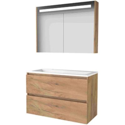 Basic Line Basic-Line Premium 46 Badkamermeubelset - 100 x 46 cm - Greeploos - 2 Lades - Acryl Wastafel - 2 Kraangaten - Spiegelkast met LED Verlichting - Whisky Oak Basic Line Basic-Line Premium 46 Badkamermeubelset - 100 x 46 cm - Greeploos - 2 Lades - Acryl Wastafel - 2 Kraangaten - Spiegelkast met LED Verlichting - Whisky Oak