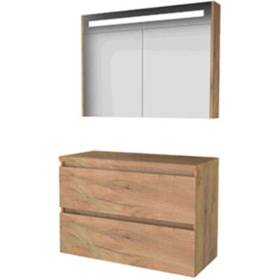Basic Line Basic-Line Premium 46 Badkamermeubelset - 100 x 46 cm - Greeploos - 2 Lades - Wastafelblad - Spiegelkast met LED Verlichting - Whisky Oak Basic Line Basic-Line Premium 46 Badkamermeubelset - 100 x 46 cm - Greeploos - 2 Lades - Wastafelblad - Spiegelkast met LED Verlichting - Whisky Oak
