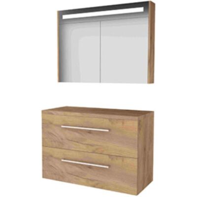 Basic Line Basic-Line Premium 46 Badkamermeubelset - 100 x 46 cm - Met Grepen - 2 Lades - Wastafelblad - Spiegelkast met LED Verlichting - Whisky Oak Basic Line Basic-Line Premium 46 Badkamermeubelset - 100 x 46 cm - Met Grepen - 2 Lades - Wastafelblad - Spiegelkast met LED Verlichting - Whisky Oak