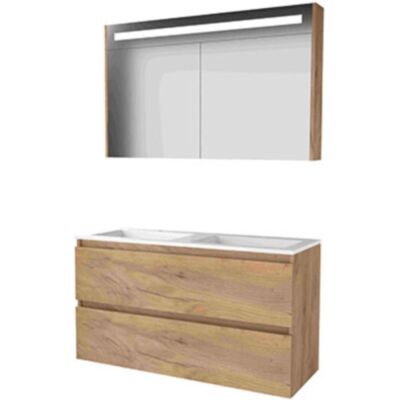 Basic Line Basic-Line Premium 46 Badkamermeubelset - 120 x 46 cm - Greeploos - 2 Lades - Acryl Wastafel - 2 Kraangaten - Spiegelkast met LED Verlichting - Whisky Oak Basic Line Basic-Line Premium 46 Badkamermeubelset - 120 x 46 cm - Greeploos - 2 Lades - Acryl Wastafel - 2 Kraangaten - Spiegelkast met LED Verlichting - Whisky Oak