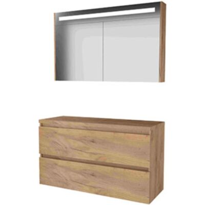 Basic Line Basic-Line Premium 46 Badkamermeubelset - 120 x 46 cm - Greeploos - 2 Lades - Wastafelblad - Spiegelkast met LED Verlichting - Whisky Oak Basic Line Basic-Line Premium 46 Badkamermeubelset - 120 x 46 cm - Greeploos - 2 Lades - Wastafelblad - Spiegelkast met LED Verlichting - Whisky Oak