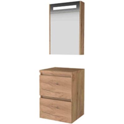 Basic Line Basic-Line Premium 46 Badkamermeubelset - 50 x 46 cm - Greeploos - 2 Lades - Wastafelblad - Spiegelkast met LED Verlichting - Whisky Oak Basic Line Basic-Line Premium 46 Badkamermeubelset - 50 x 46 cm - Greeploos - 2 Lades - Wastafelblad - Spiegelkast met LED Verlichting - Whisky Oak