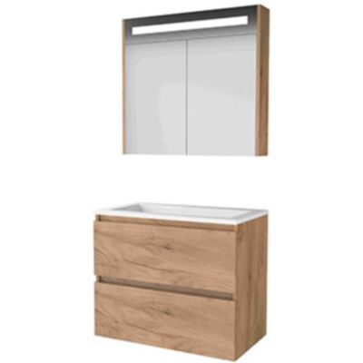 Basic Line Basic-Line Premium 46 Badkamermeubelset - 80 x 46 cm - Greeploos - 2 Lades - Acryl Wastafel - 1 Kraangat - Spiegelkast met LED Verlichting - Whisky Oak Basic Line Basic-Line Premium 46 Badkamermeubelset - 80 x 46 cm - Greeploos - 2 Lades - Acryl Wastafel - 1 Kraangat - Spiegelkast met LED Verlichting - Whisky Oak