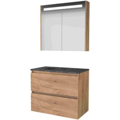 Basic Line Basic-Line Premium 46 Badkamermeubelset - 80 x 46 cm - Greeploos - 2 Lades - Hardstenen Wastafel - 1 Kraangat - Spiegelkast met LED Verlichting - Whisky Oak Basic Line Basic-Line Premium 46 Badkamermeubelset - 80 x 46 cm - Greeploos - 2 Lades - Hardstenen Wastafel - 1 Kraangat - Spiegelkast met LED Verlichting - Whisky Oak